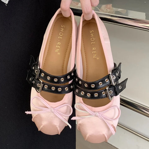 Lolita Dance Shoes For Women Ballet Flats Footwear Designer Female Butterfly-Knot Buckle Fashion Silk Ladies Round Toe Shoes
