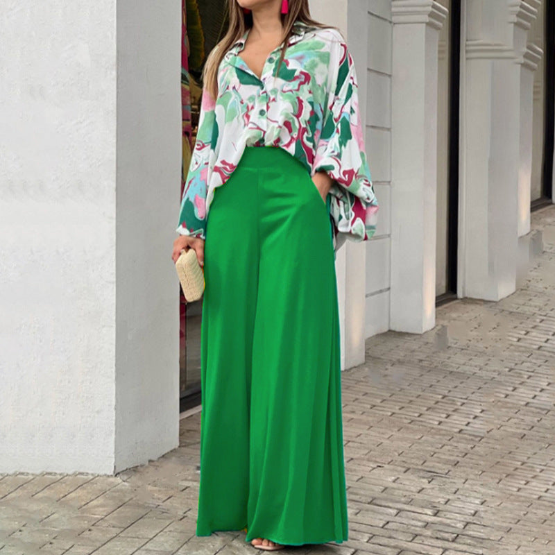 Flowers Print Suits Fashion Casual Button-up Long-sleeved Shirt And Wide-leg Pants Loose Beach Trousers Set